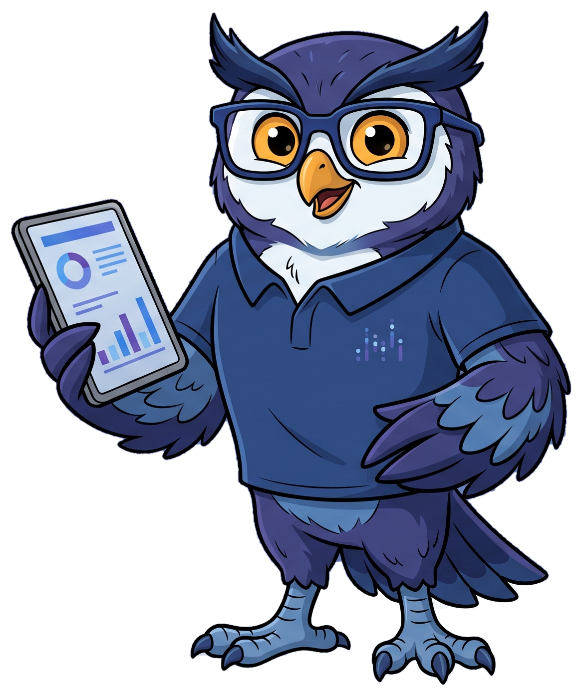 Mascota de Mide Labs: un búho con lentes revisando un dashboard de datos